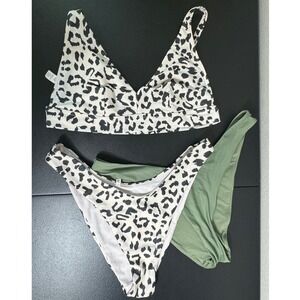 Aerie Leopard Print Bikini Swimsuit Scoop Neck Top & High Cut Bottoms XL 3 pcs